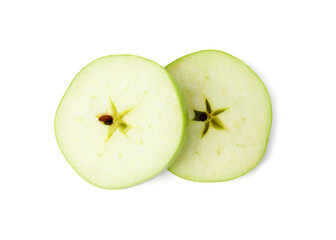 Slices of ripe green apple isolated on white, top view