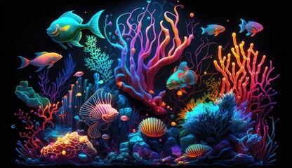 Fototapeta na wymiar a portrait abstract underwater world with glowing corals and sea creatures, a neon inspired design of a colorful, set against a dark, abstract background, AI Generative