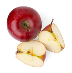 Whole and cut ripe red apples isolated on white, top view