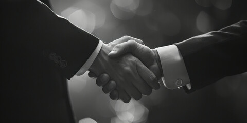 Business professionals shaking hands in front of blurred office background in black and white photo
