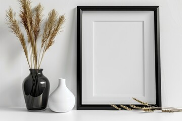 Black Photo Frame with Thin White Mat for Art Display and Isolated Object Shape