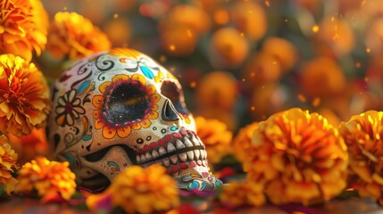 Halloween Day. Mexican Sugar Skull and Marigold Festival in Dia de los Muertos Background