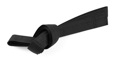 Black karate belt isolated on white. Martial arts uniform