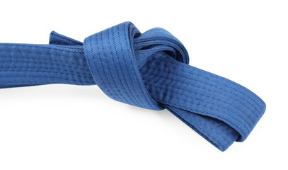 Blue karate belt isolated on white. Martial arts uniform