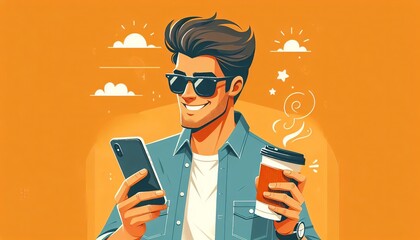 Man with Smartphone and Coffee. Man holds a smartphone and a hot coffee cup, styled in a modern illustration.
