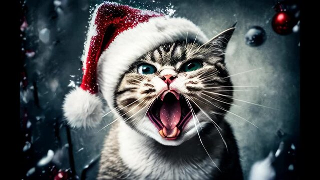 Cat in Santa hat with opened mouth. Snowflakes background