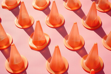 Pattern of many orange plastic cones on bright pink surface abstract geometric background