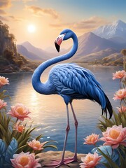 Floral blue flamingo painting generative AI illustration 