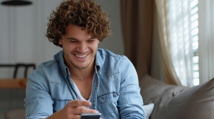 Smiling Man with Smartphone at Home