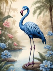 Naklejka premium Floral blue flamingo painting generative AI illustration 