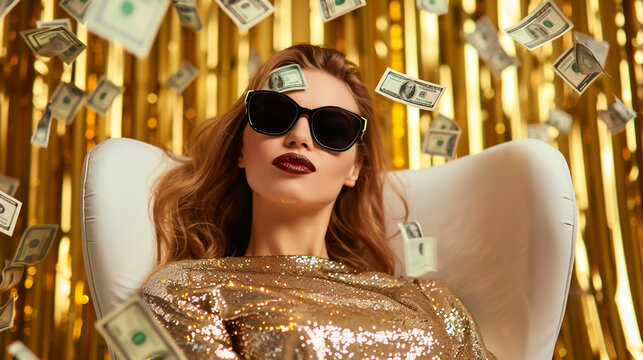 A woman in sunglasses sits on a chair and throws money at the camera.