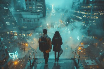 A couple stands at the top of a staircase, gazing upon a foggy urban landscape illuminated by city...