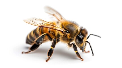 Honey bee isolated on plain white background. Organic honey bee farming.