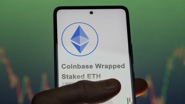 Close up on logo of (CBETH) Coinbase Wrapped Staked ETH on the screen of an exchange. (CBETH) Coinbase Wrapped Staked ETH price stocks, $CBETH on a device.