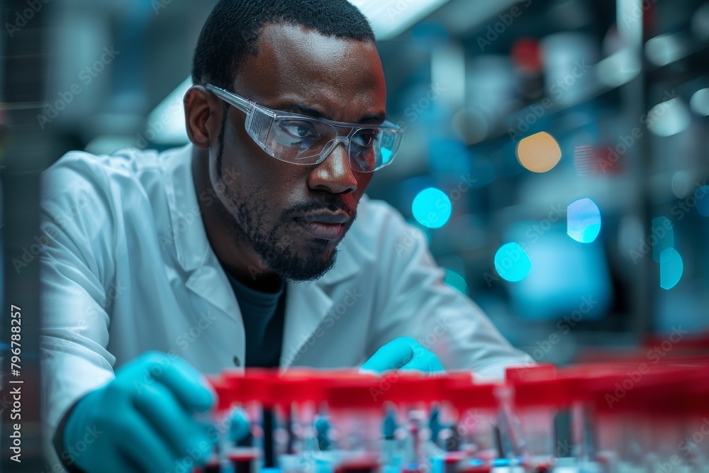 Aufkleber image showcases a focused scientist working on experiments with test tubes in a modern laboratory se