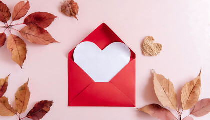 I Love Mom, Happy mothers Day. Red Envelope with Heart-Shaped Paper on pink Background and dry leafs for Celebrations like Valentine's Day and Mother's Day