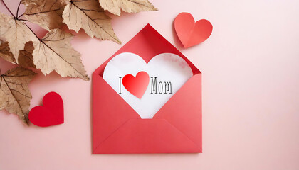 I Love Mom, Happy mothers Day. Red Envelope with Heart-Shaped Paper and I love mom text on pink Background and dry leafs for Celebrations like Valentine's Day and Mother's Day