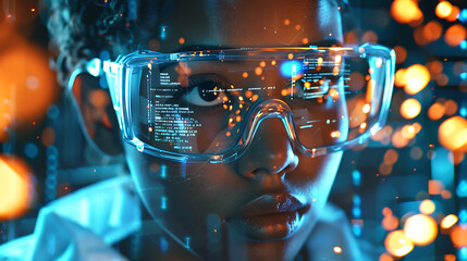 Vision of the Future A young visionary gazes through augmented reality glasses, interfaces of innovation illuminating her sight, a fusion of human curiosity and technological wonder.