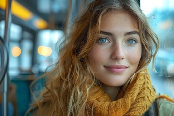 Obraz premium Close-up portrait of a young woman with blue eyes and a yellow scarf, reflected on tram window