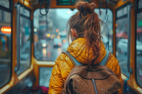 A solitary figure is seem from behind, immersed in thoughts while traveling on a city bus in the evening lights