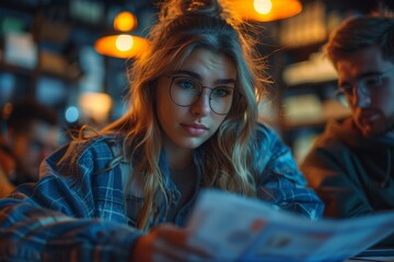 Young female with glasses reading intently in a dimly lit room, illuminated by ambient light