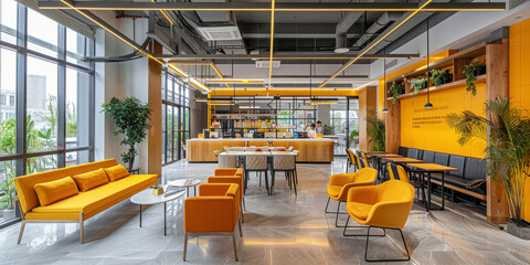 Bright and vibrant office interior with yellow walls, chairs and tables creating a modern and cheerful workspace