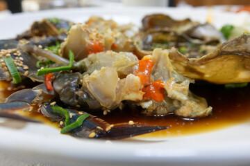 View of Korean soy sauce marinated crab