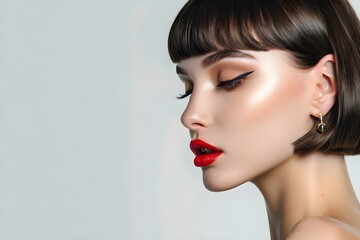 Naklejka premium Profile View of a Fashionable Woman with Gold Earring, Chic Bob Hairstyle, and Flawless Makeup. Concept Fashion, Profile View, Woman, Gold Earring, Chic Hairstyle, Flawless Makeup