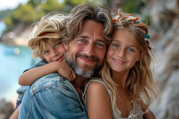 Father with a beard and two children smiling with affection on a sunny day by the seaside reflecting family joy and leisure