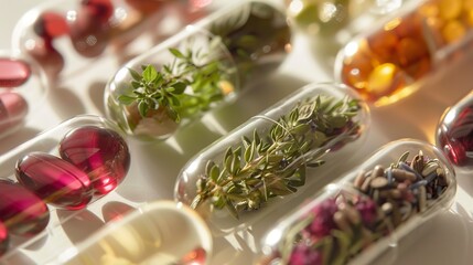 Obraz na płótnie Canvas Close-up of transparent capsules filled with various medicinal herbs.