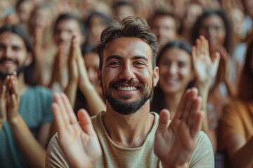 A smiling man claps his hands as he's surrounded by a crowd of cheering and clapping individuals - obrazy, fototapety, plakaty