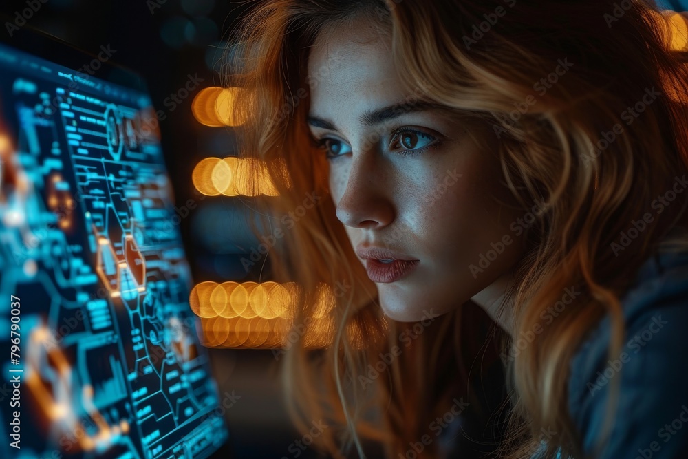 Poster intense young woman analyzes complex data visualizations on a computer screen in a modern technologi