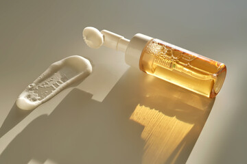 Beige facial foam with a dispenser and brush in the rays of the setting sun.