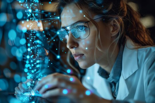 As a scientist examines genetic sequences, a luminous DNA helix is projected across her focused face, symbolizing the future of genetics and biomedicine