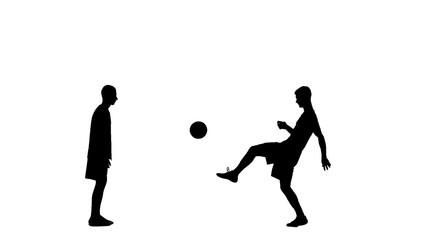 Soccer player silhouette isolated on white background with alpha channel. Male professional football players playing with ball, hitting with feet changing position.