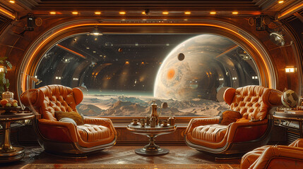 A retro-futuristic space train interior with plush leather armchairs, a small tea table and fruit, scene depicting the interior of a space train with wide windows night atmosphere. - Powered by Adobe