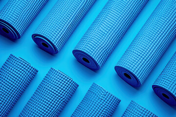 Stack of Blue Yoga Mats on Blue Background for Fitness and Wellness Classes and Meditation Practice
