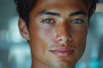 Obraz premium Close portrait of a young man with an intense gaze and freckles, against a soft, indoor background