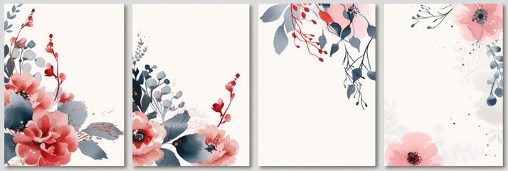 Invitation Holiday. Beautiful Set of Floral Greeting Cards for Celebrations