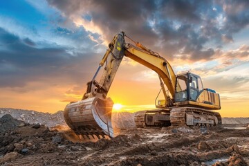 Construction Equipment. Shoveling with Excavator at Construction Site on Sunset Sky Background