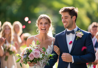 Happy bride and groom walking down the aisle with their guests clapping at an outdoor wedding ceremony. The couple is laughing as they walk