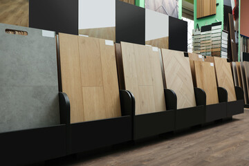 Many different samples of wooden flooring in store - obrazy, fototapety, plakaty