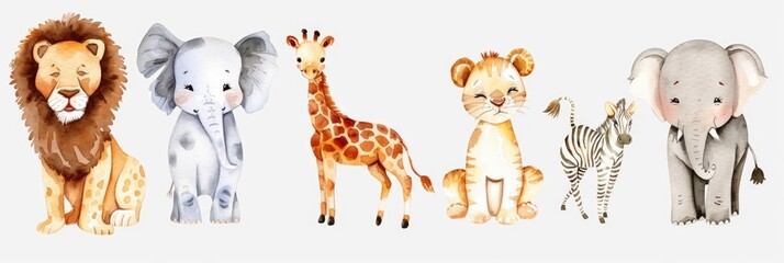 Naklejka premium Cute Animal Drawing. Watercolor Savannah Animal Set: Giraffe, Elephant, Lion, Zebra