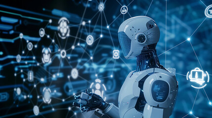 Synergy of Man and Machine Human hand reaches toward an AI robot amidst a digital cosmos