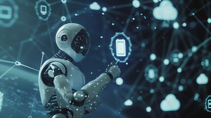 Synergy of Man and Machine Human hand reaches toward an AI robot amidst a digital cosmos