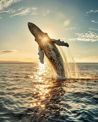 A beautiful big one juts out of the blue water at sunset. The whale sparkles. Sunset light. Close up of humpback whales swimming below the surface of the open blue ocean. 