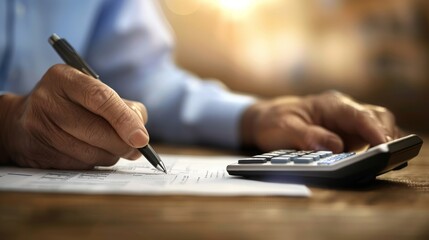 A person engages in detailed financial planning with a calculator, pen, and documents on a wooden table, representing fiscal responsibility or tax preparation