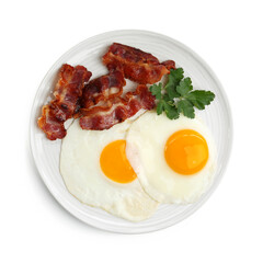 Delicious breakfast with sunny side up eggs isolated on white, top view