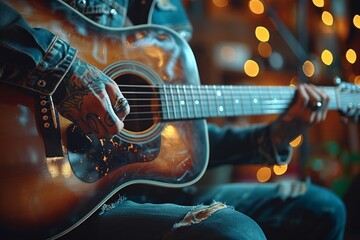 Obraz premium A tattooed musician's hands strumming an acoustic guitar surrounded by enchanting bokeh lights