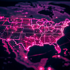 AMerica network map with connected server nodes in neon pink